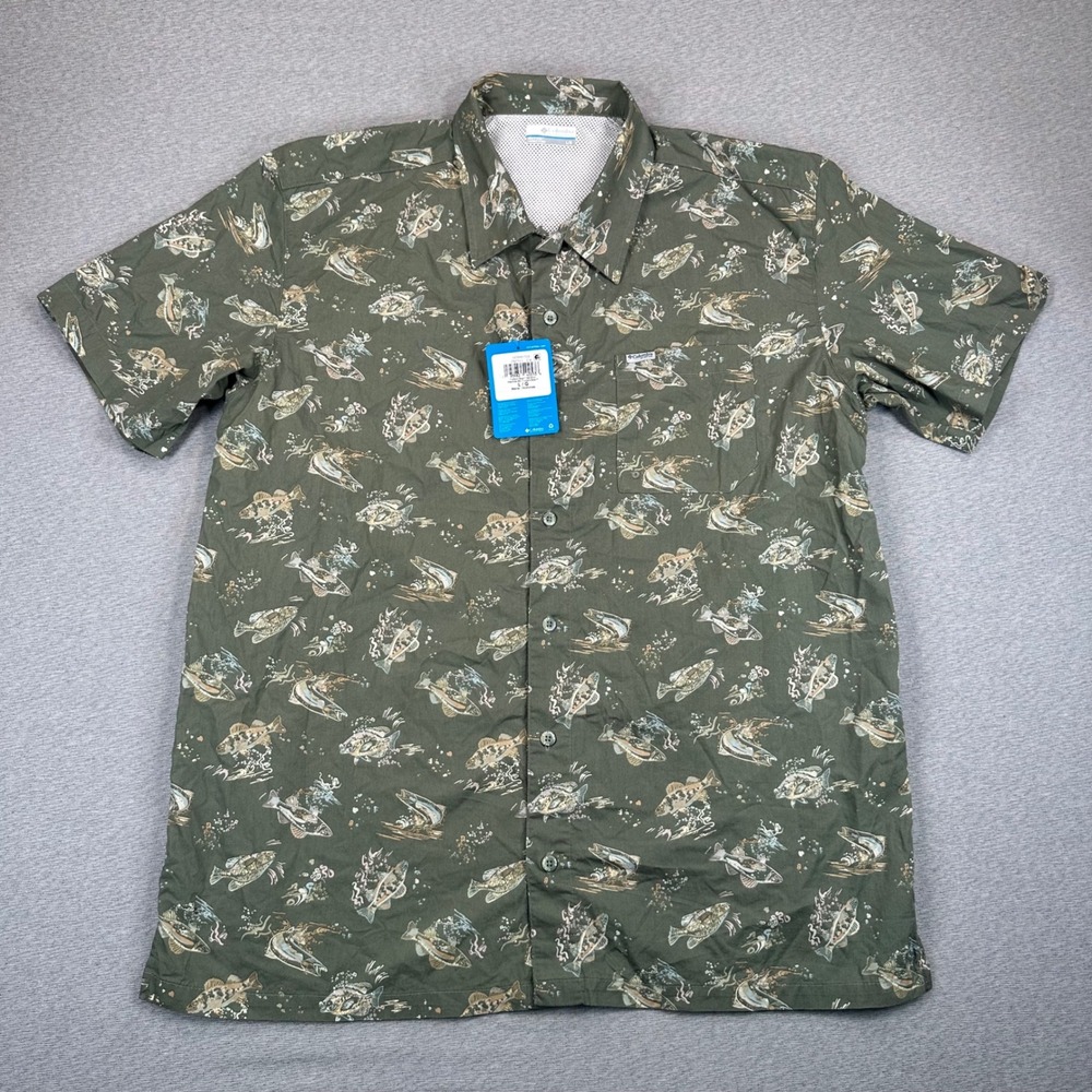 Columbia PFG Shirt Mens Large Olive Green Trollers Best Fish AOP Print NWT - Picture 2 of 11